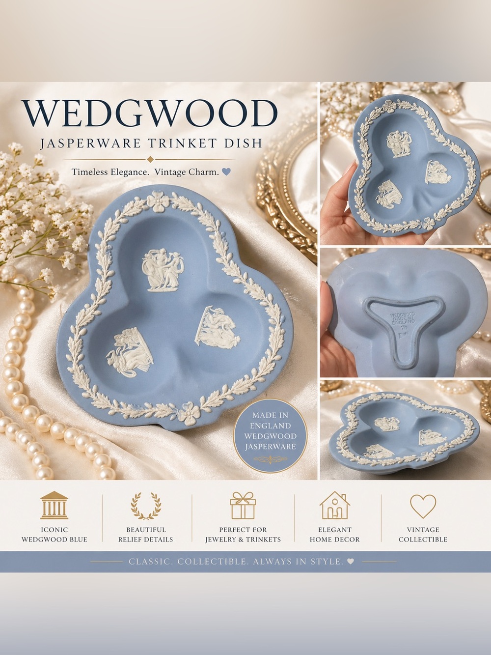 Vintage Wedgwood Jasperware Blue Trinket Dish | 3 Section Jewelry Tray